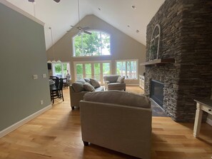 Smart TV, fireplace, books