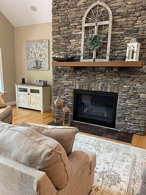 Smart TV, fireplace, books