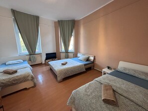 A hotel room with three beds, each with a patterned bedspread and a rolled towel. There are windows with curtains, a small bedside table with a plant, and a television on a stand. - Beautiful apartment with a large garden (Zeitz)