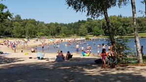 A beach with people swimming and sunbathing, a lake in the background, and trees along the shore.