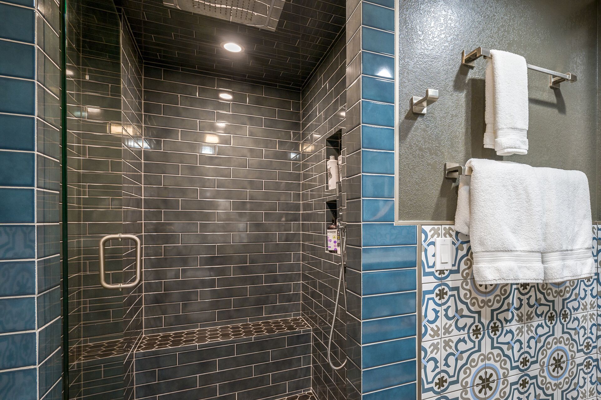 Hair dryer, towels, soap, shampoo