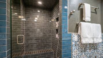 Hair dryer, towels, soap, shampoo