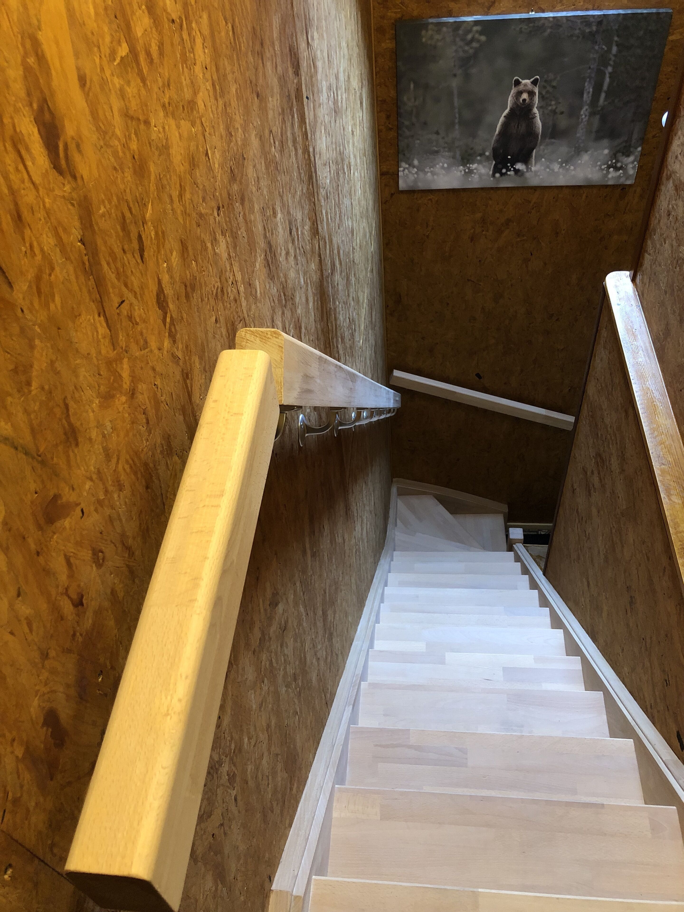 Una escala de fusta amb barana i una pintura d'un os per la paret.