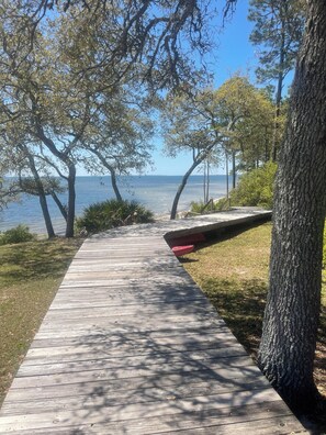 A wooden pathway leading to a body of water, surrounded by trees and a grassy area.