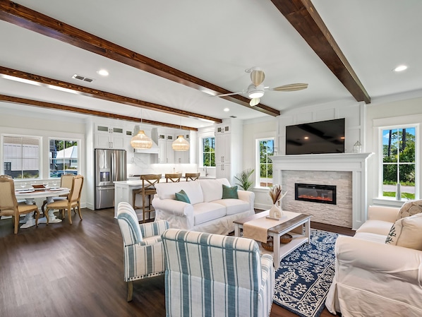 Smart TV, fireplace, books