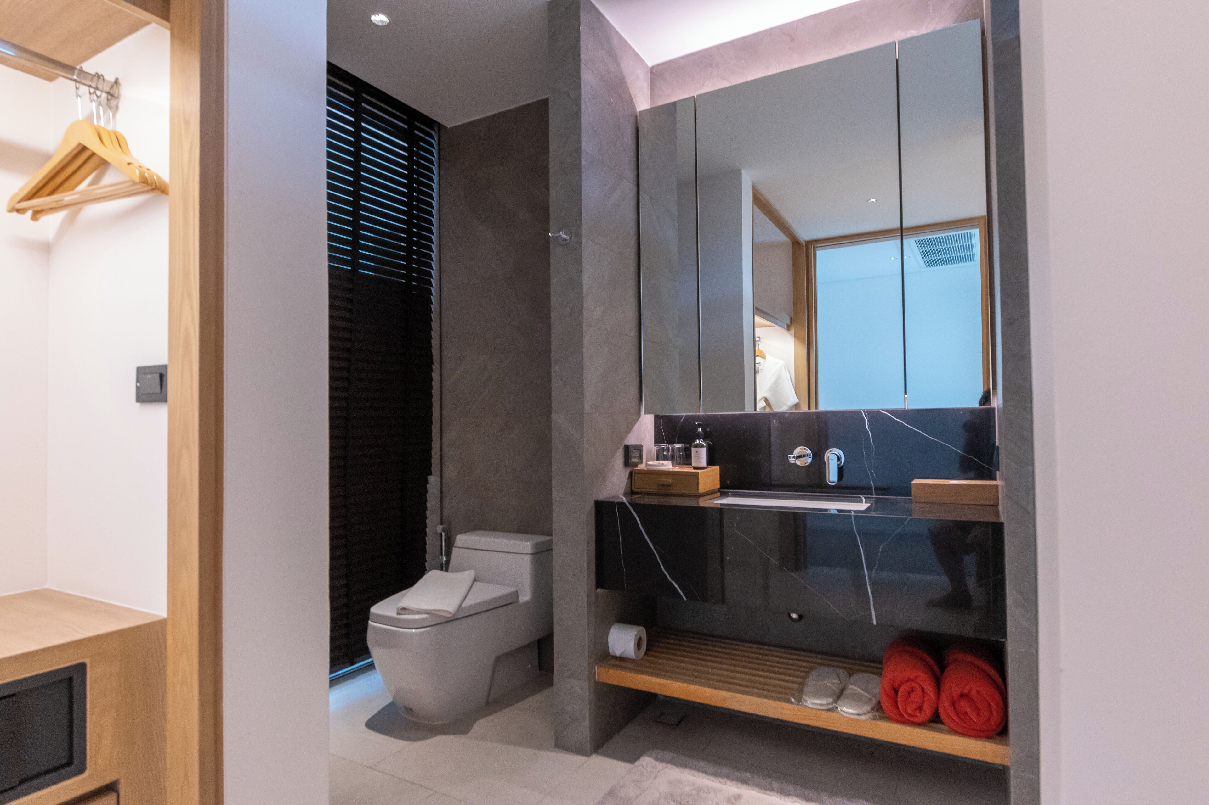 A modern bathroom with a toilet, bidet, and a large mirror above the sink.
