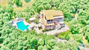 An aerial view of a two-story house with a swimming pool, surrounded by dense greenery.