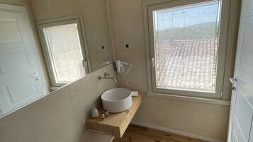 Une salle de bain moderne avec un grand miroir, un lavabo rond et une fenêtre donnant sur le toit.
