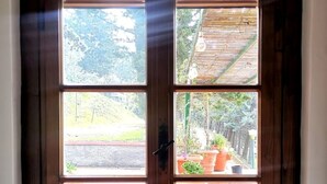 A wooden door with four glass panels, each offering a view of outdoor scenery including a road, steps, and potted plants. - Dream House (Arezzo)