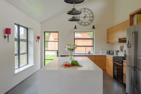 Een moderne keuken met een groot eiland, roestvrijstalen apparatuur en uitzicht naar buiten.
