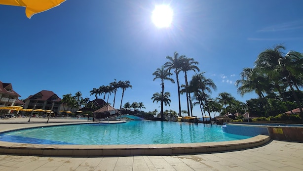 Piscina com céu azul límpido e palmeiras ao fundo.