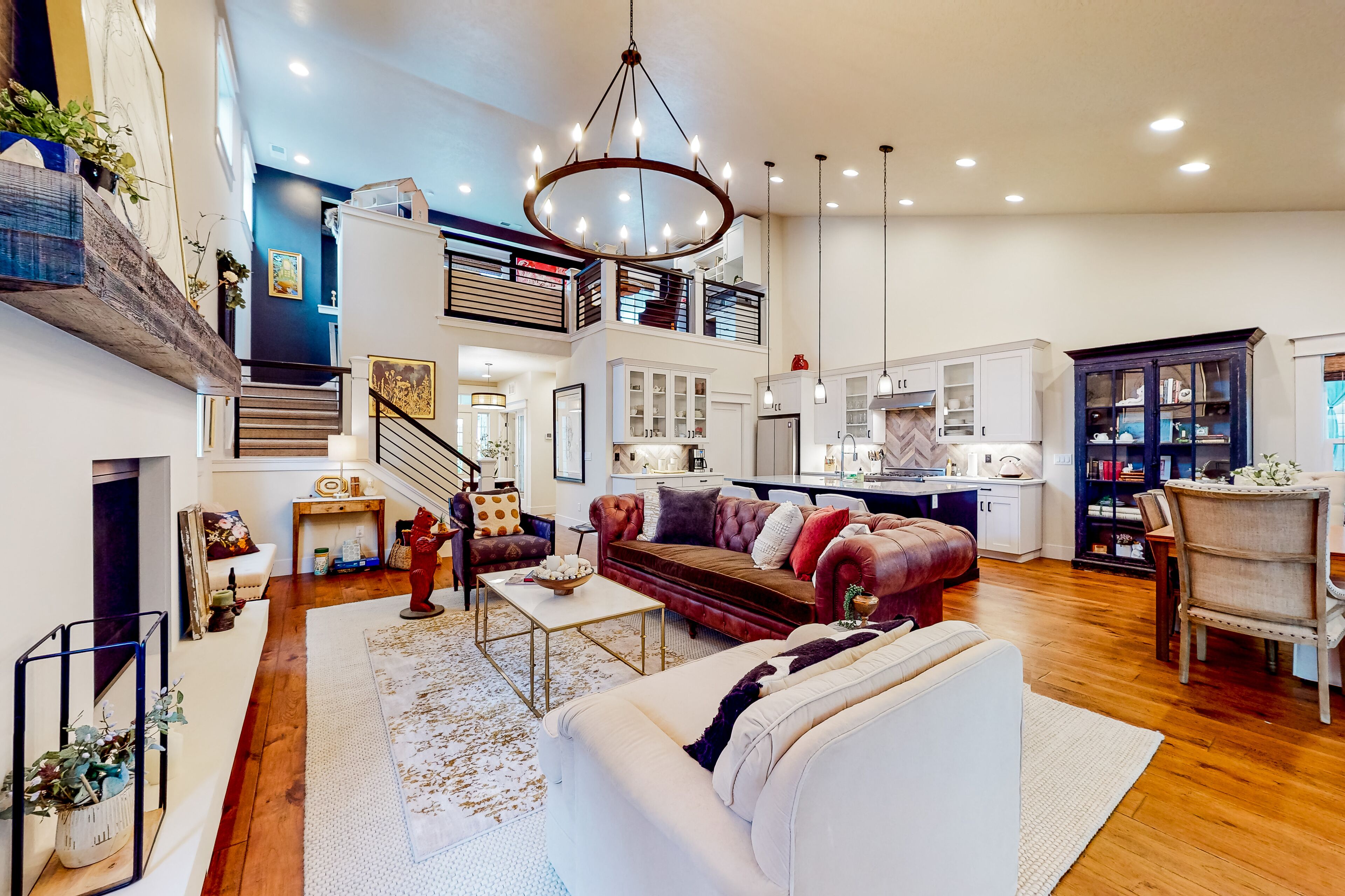 TV, fireplace, books, printers