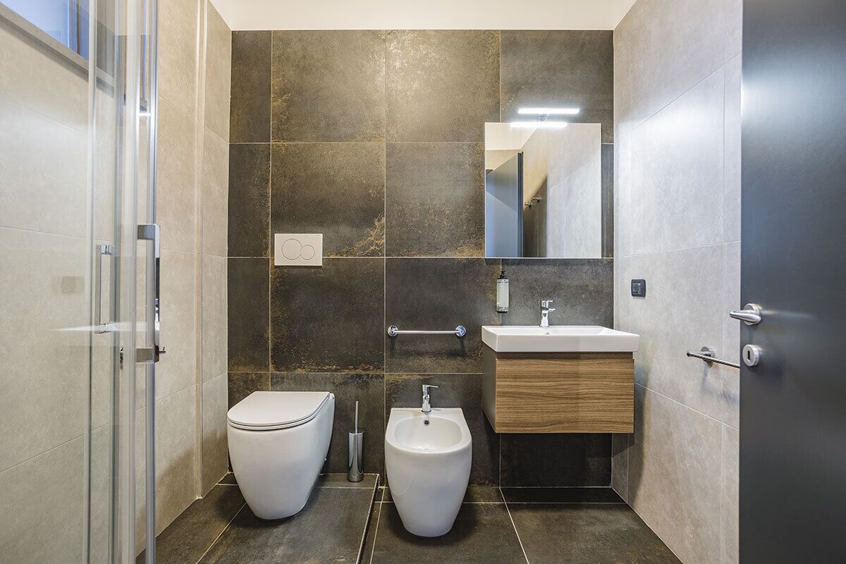 Une salle de bain moderne avec une douche à parois de verre, un bidet, un lavabo et un miroir.