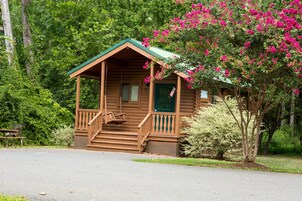 A wooden cabin with a porch, surrounded by lush greenery and a flowering tree.