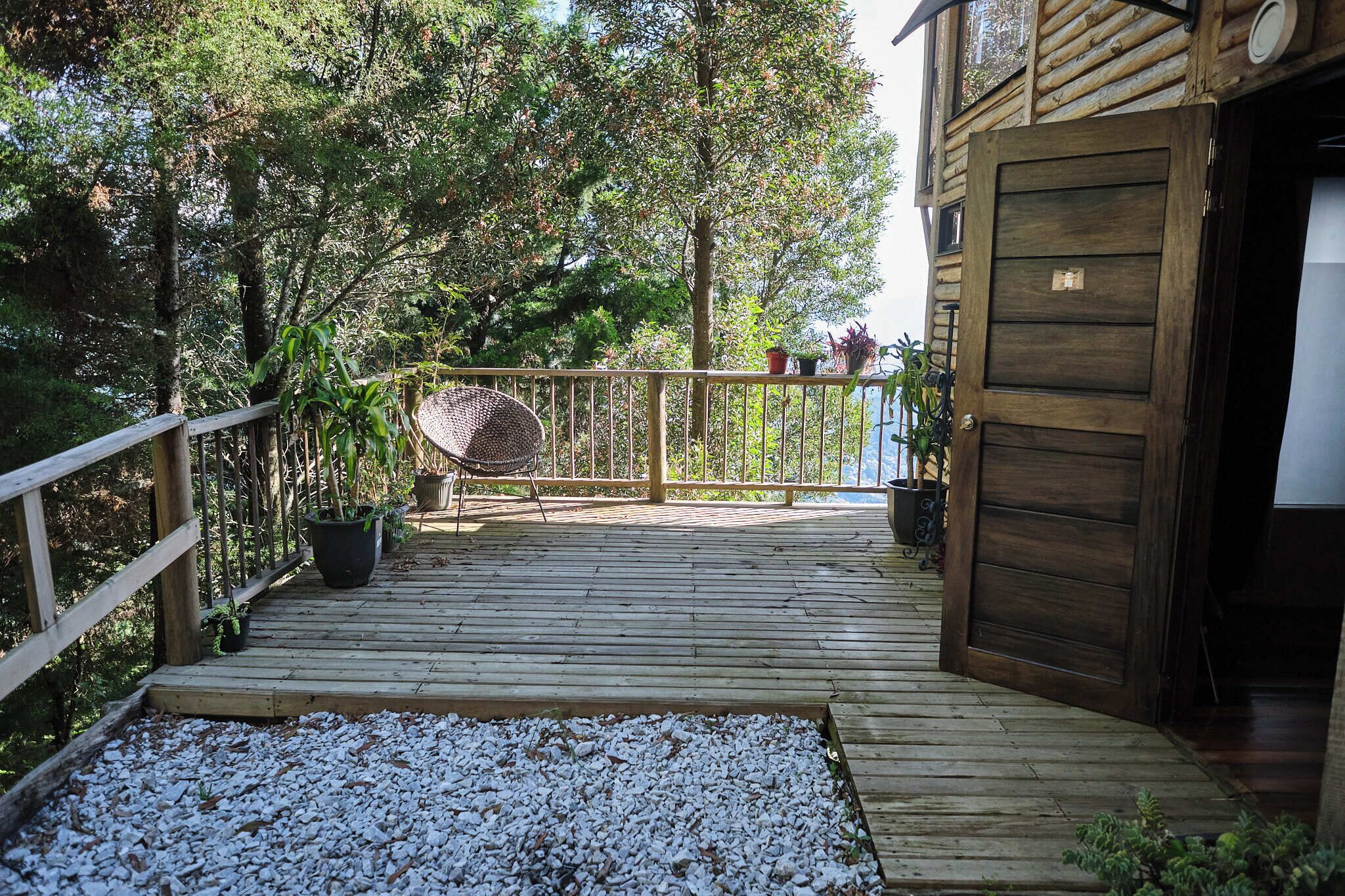 A wooden deck with a railing, surrounded by trees and potted plants.