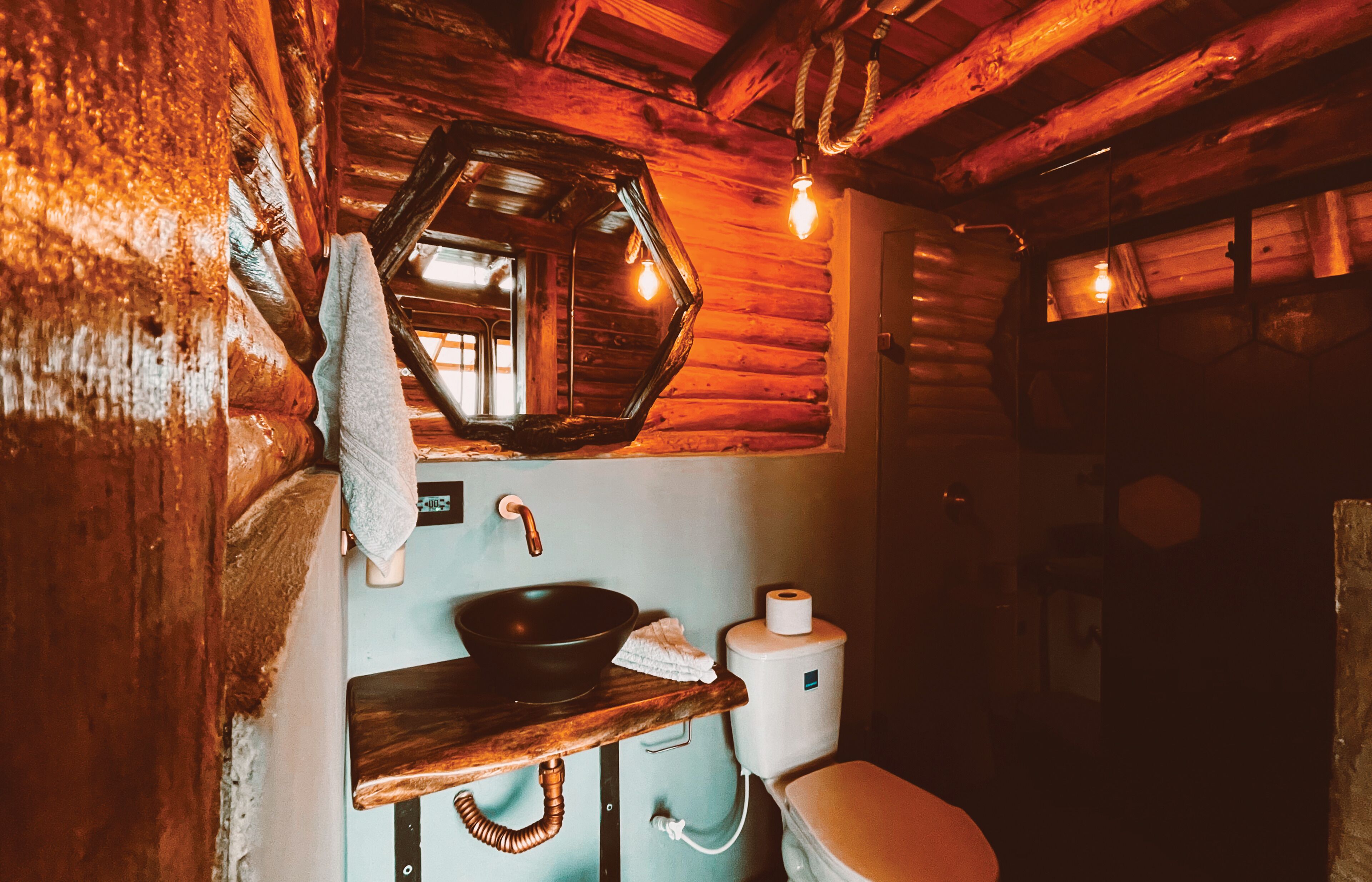 Une salle de bain rustique avec un lavabo en bois, un miroir et des toilettes.