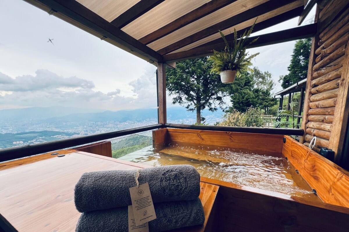 A wooden bath area with a view of a cityscape, a hanging plant, and a towel with a tag.