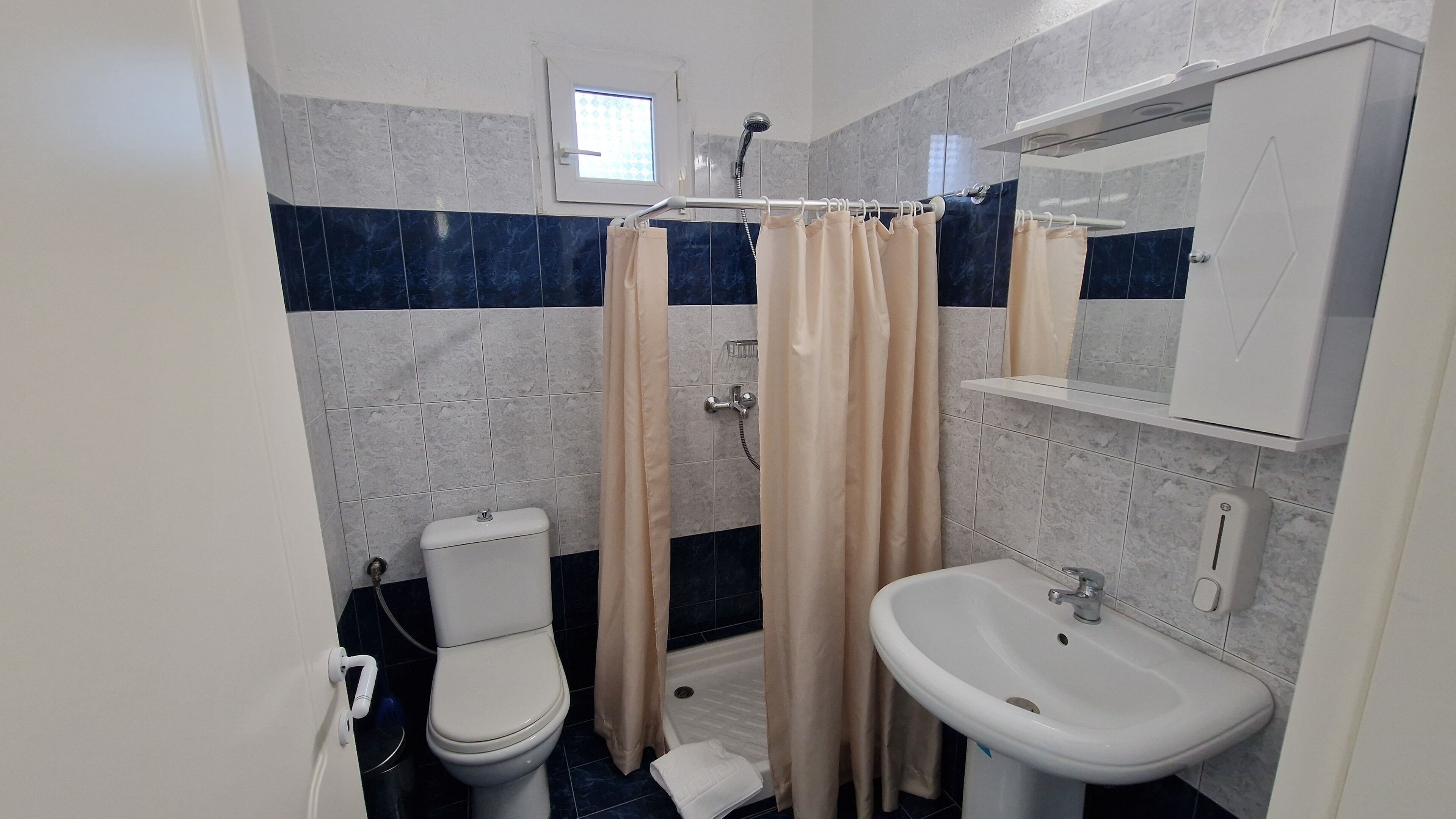 A bathroom with a toilet, shower, and sink.