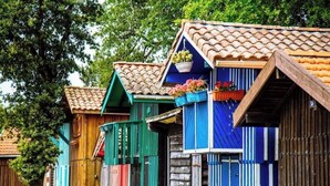 A row of colorful wooden houses with tiled roofs and flower pots on the balconies. - La Cabane N°20, Plage à Pieds (Arès)