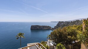 Une vue sur la côte, avec un promontoire rocheux, des palmiers et un ciel dégagé.