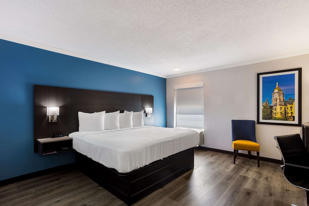 A hotel room with a large bed, a nightstand, a chair, and a framed picture on the wall.