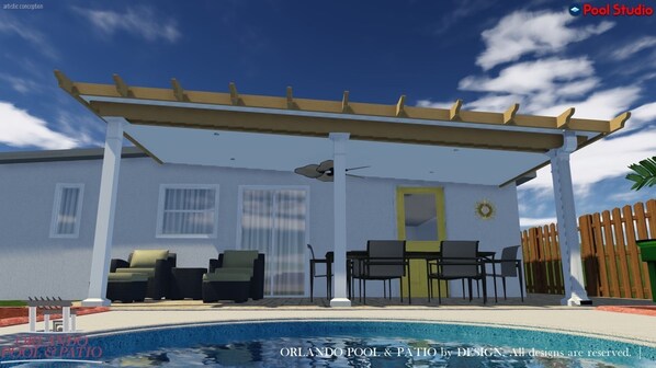 Relax by the pool and enjoy the shaded patio with a pergola overhead, perfect for social gatherings.