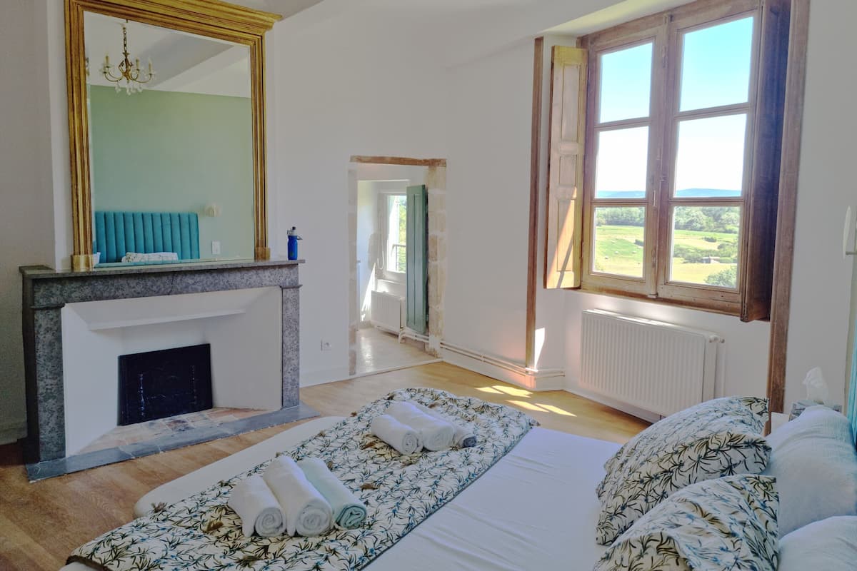 A bedroom with a large bed, a fireplace, a mirror, and a view of the outdoors.
