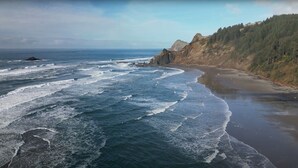 Un paisaje costero con playa, olas y un acantilado cubierto de bosque.