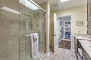 Hair dryer, towels, soap, shampoo