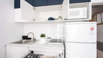 Mini-fridge, microwave, stovetop, electric kettle
