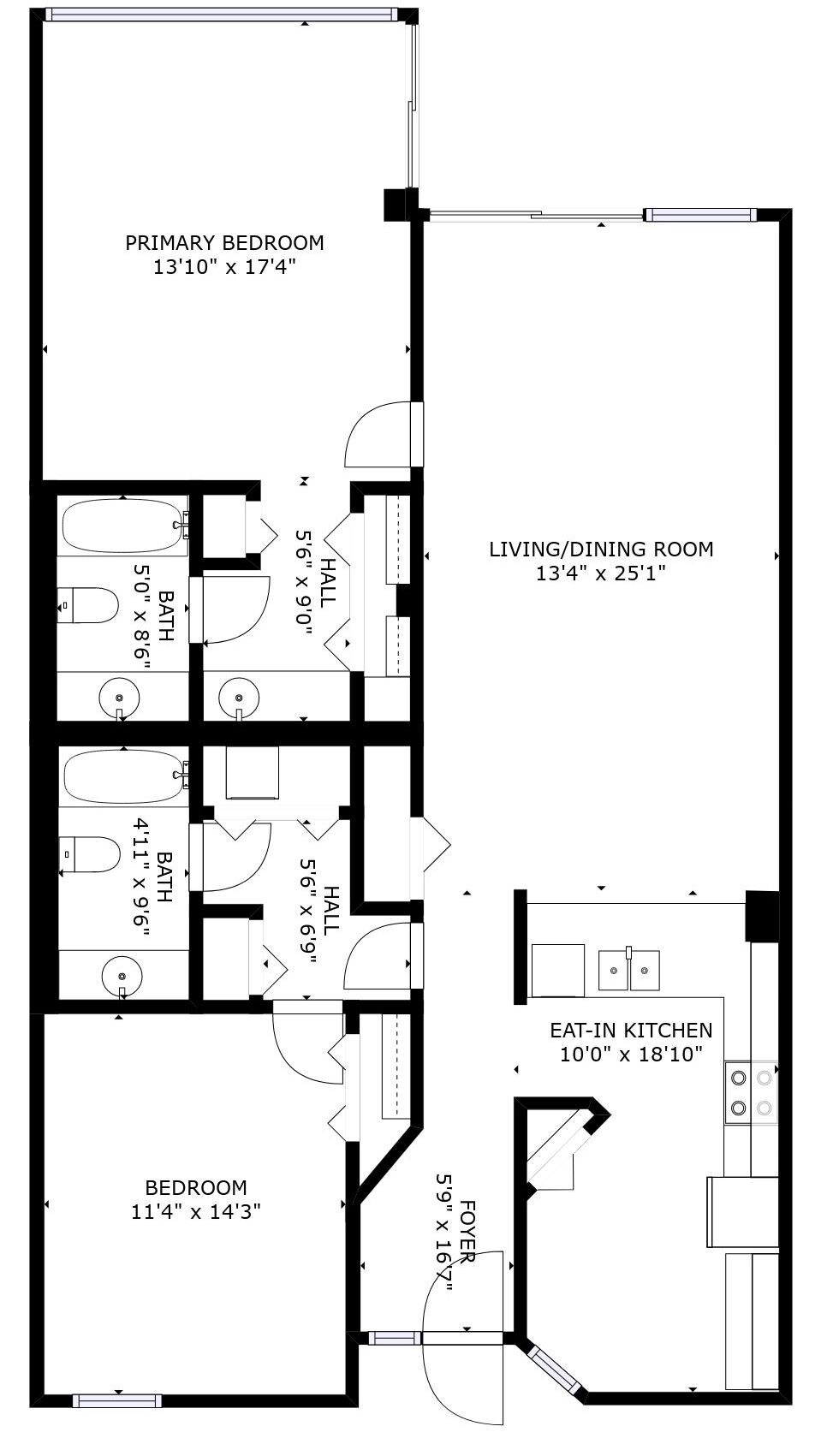 A floor plan with a primary bedroom, living/dining room, bathroom, hall, eat-in kitchen, and a bedroom.