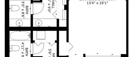 A floor plan with a primary bedroom, living/dining room, bathroom, hall, eat-in kitchen, and a bedroom.