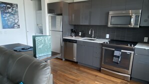 A modern kitchen with stainless steel appliances, a grey sofa with a blue pillow, and wooden flooring. - Downtown luxury 1 bedroom sleeps 3 wifi and laundry  (Winnipeg)