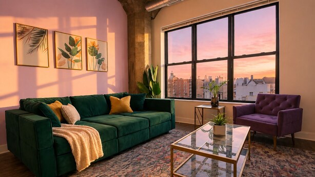 A living room with a green sofa, a purple armchair, a glass coffee table, and a large window with a city view. - Premium 2BR Michigan Suite with Skyline Views Near McCormick Place & Lakefront (Chicago)