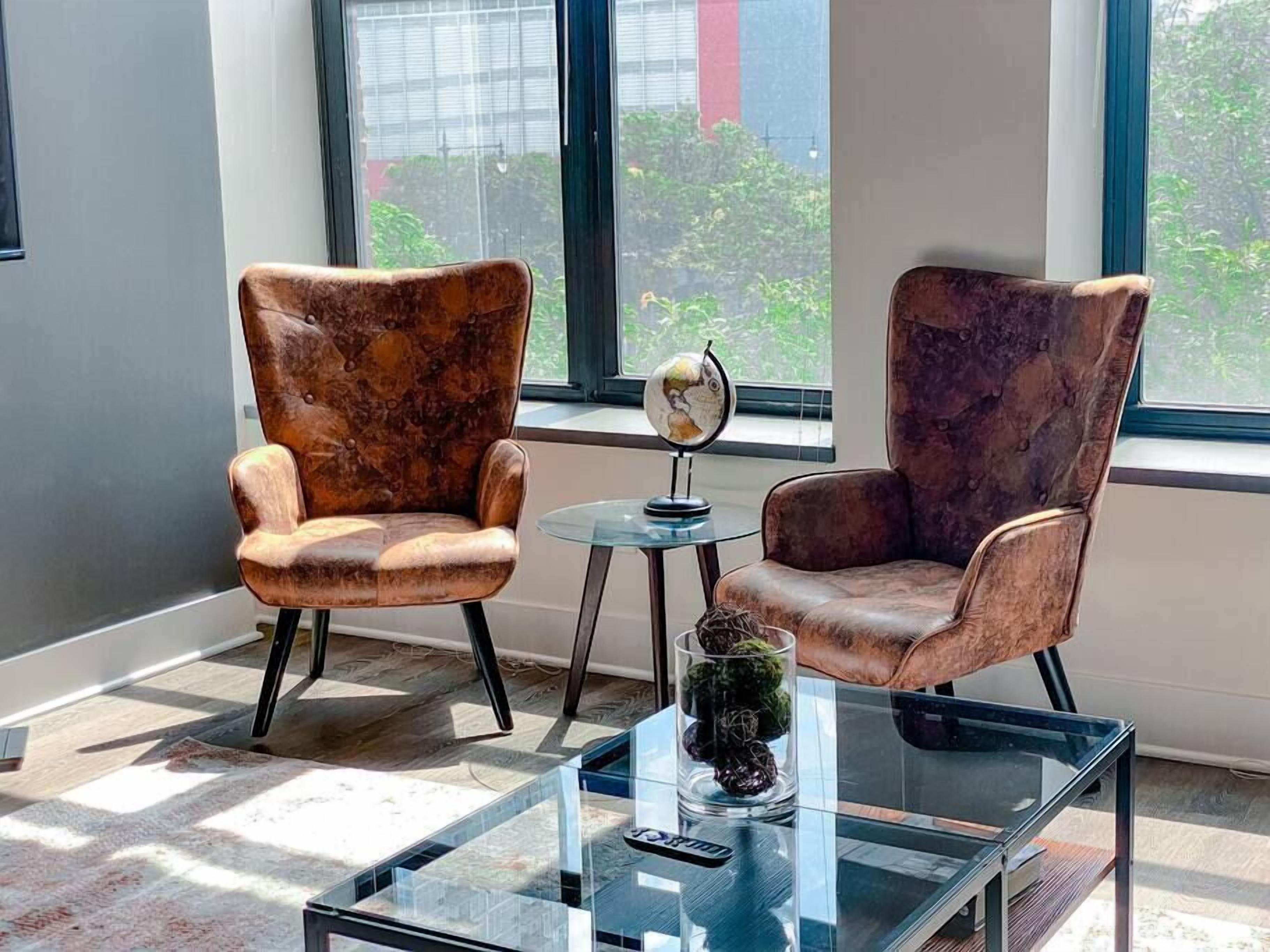 Two leather armchairs with a stone-like texture, a small glass table with a globe and decorative items, and a view of greenery through large windows.