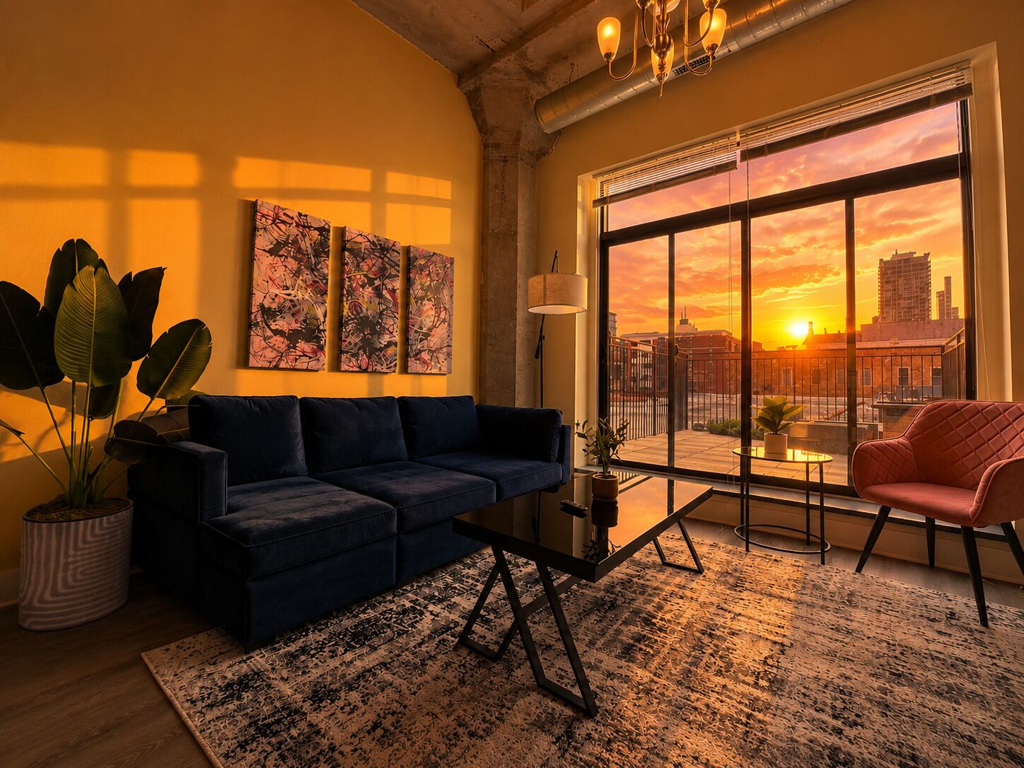 A modern living room with a sofa, armchair, and large windows with a sunset view.