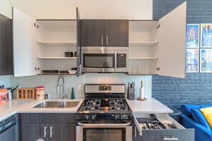 Fridge, microwave, oven, stovetop