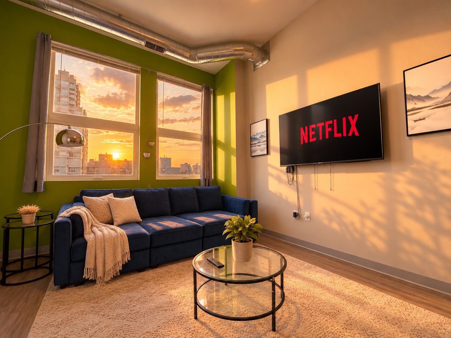 A modern living room with a sofa, a coffee table, and a TV mounted on the wall displaying 'NETFLIX'.