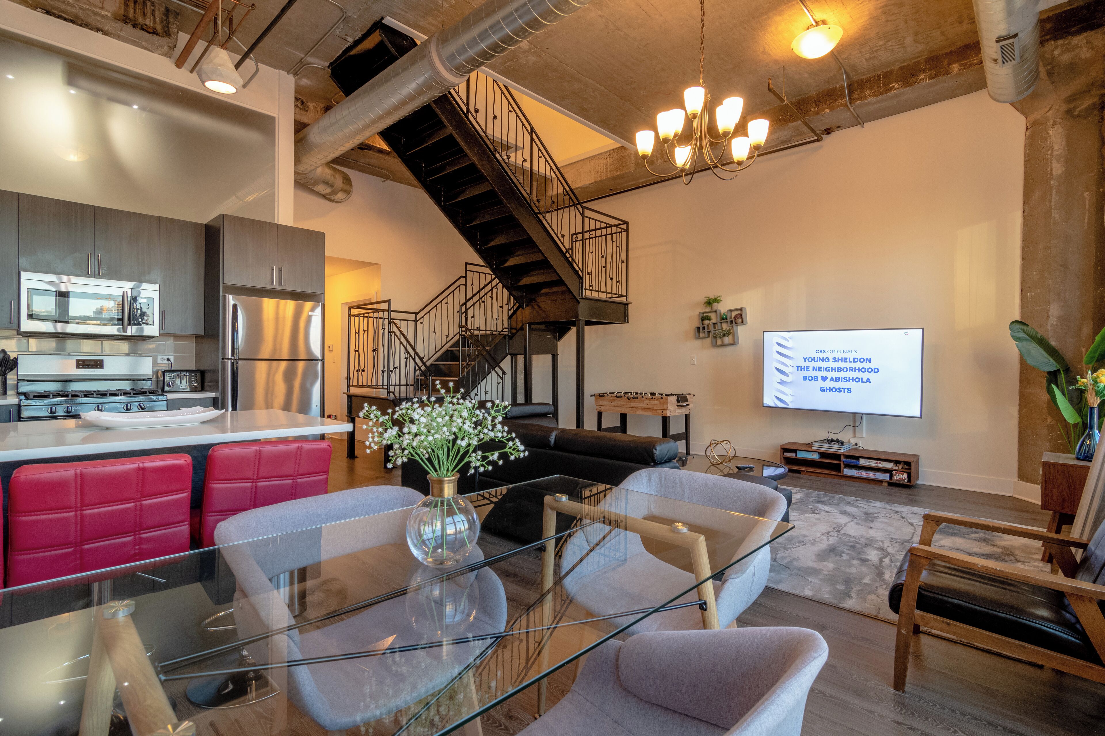 Smart TV, video games, foosball, books