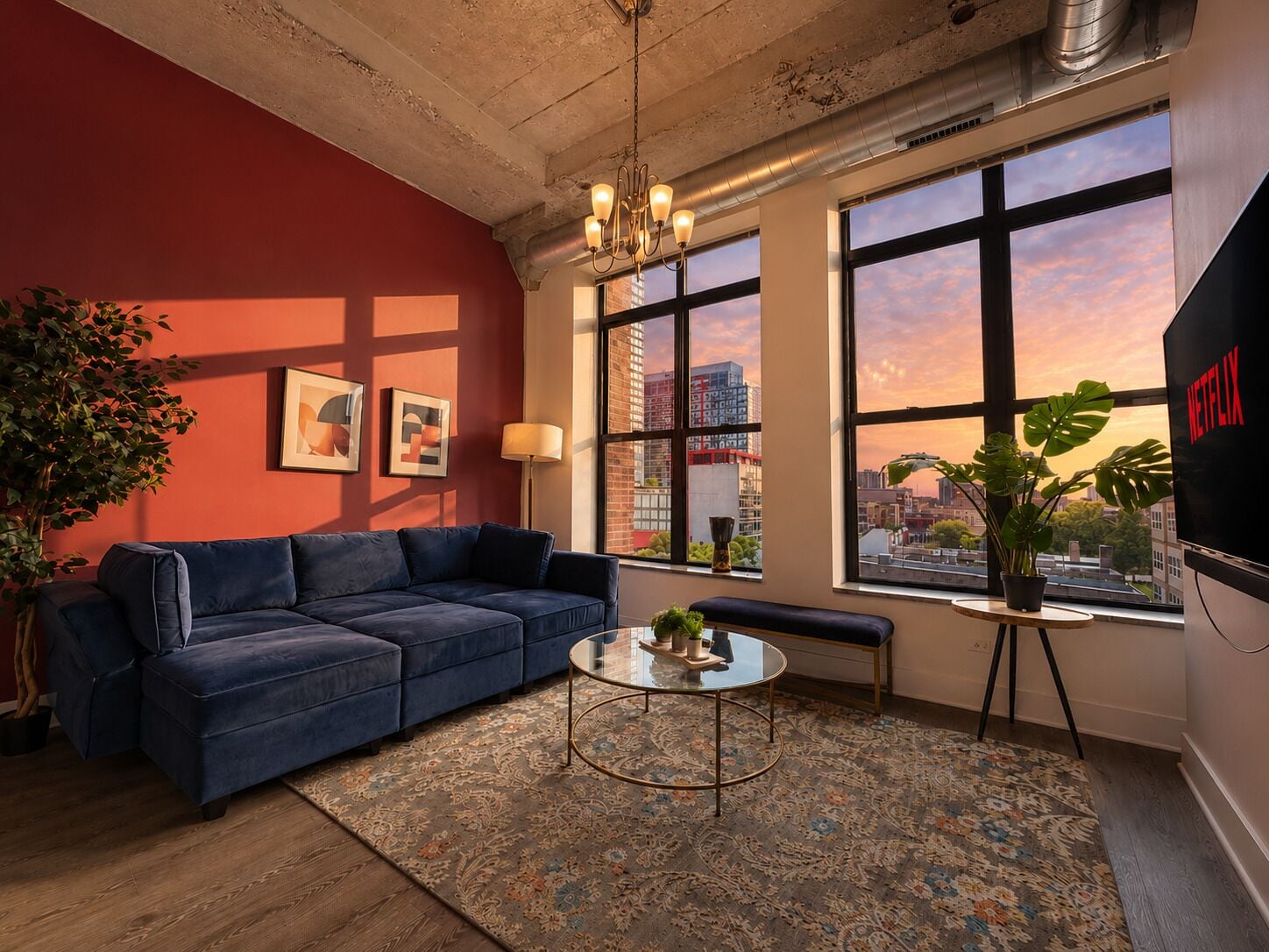 A modern living room with a blue sofa, a glass coffee table, and a city view through large windows.