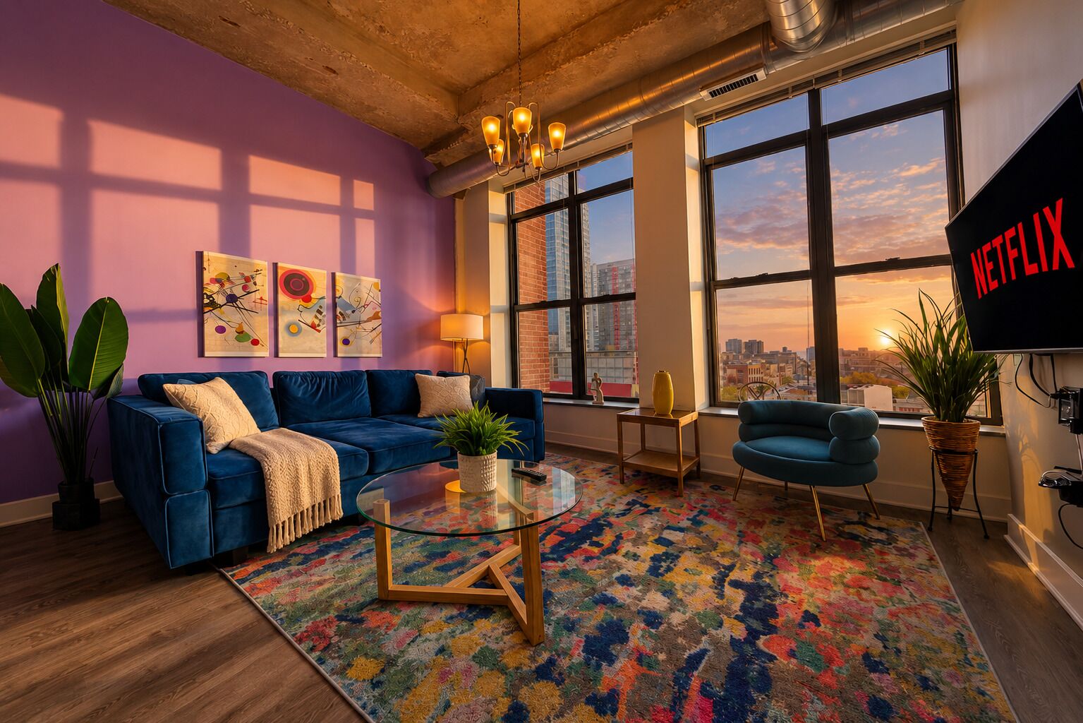 A modern living room with a blue sofa, a glass coffee table, and a colorful rug. There is a large window with a view of the city, and a Netflix sign on the wall.