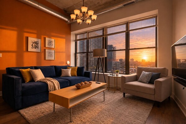 A modern living room with a blue sofa, a beige armchair, a coffee table, and a large window with a city view.