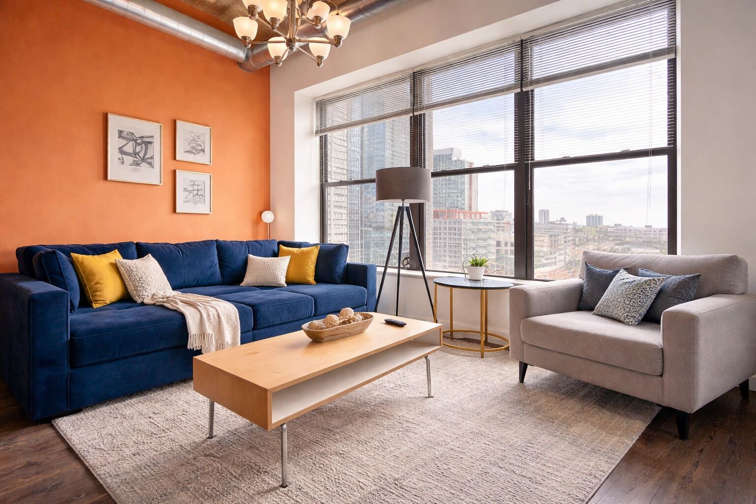 Ein Wohnzimmer mit blauem Sofa, grauem Sessel, Couchtisch aus Holz und einer Stehlampe.