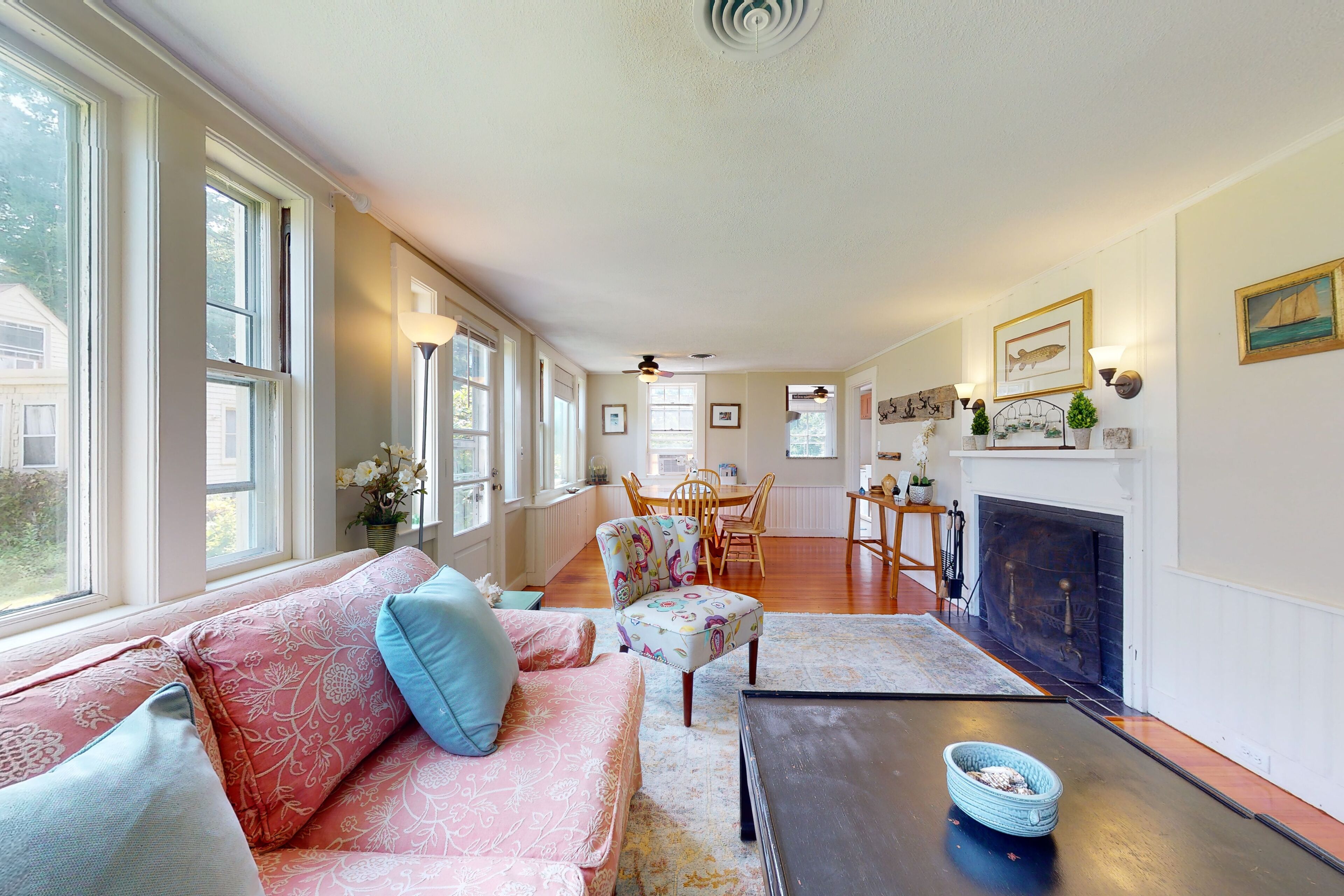 TV, fireplace, books