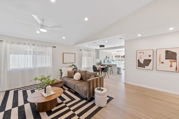 TV, fireplace, books, offices