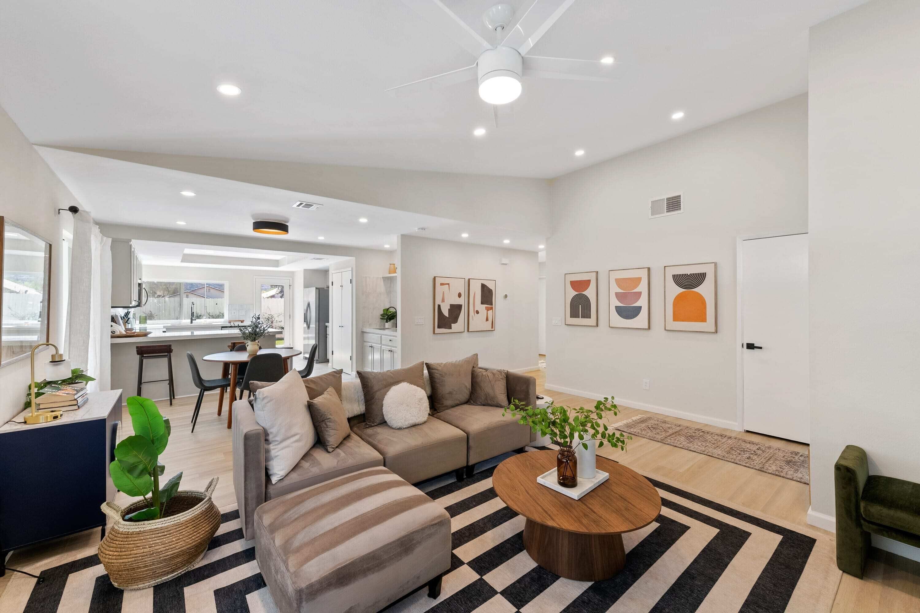 TV, fireplace, books, offices