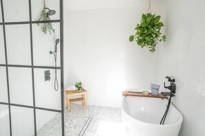 Bathtub, hair dryer, shampoo, toilet paper