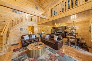 Smart TV, fireplace, foosball, books
