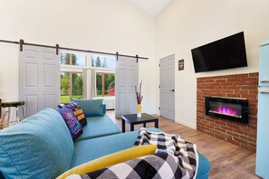 Smart TV, fireplace, books