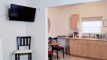 Fridge, microwave, coffee/tea maker, toaster